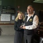 Tammy Lindrum presenting Simon Scerri with the runner-up trophy for the 2024 Victorian Billiards Championship