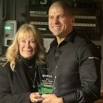 Tammy Lindrum presenting Steve Mifsud the trophy for winning the 2024 Victorian Billiards Championship