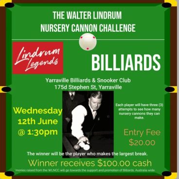 The inaugural Walter Lindrum Nursery Cannon Challenge Flyer, courtesy of the Victorian Billiards and Snooker Association